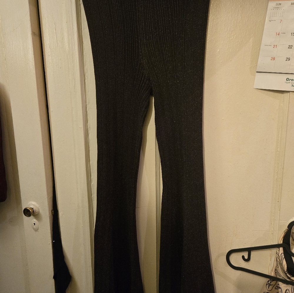 Brown Ribbed Flared Knit Pants - Picture 2 of 5